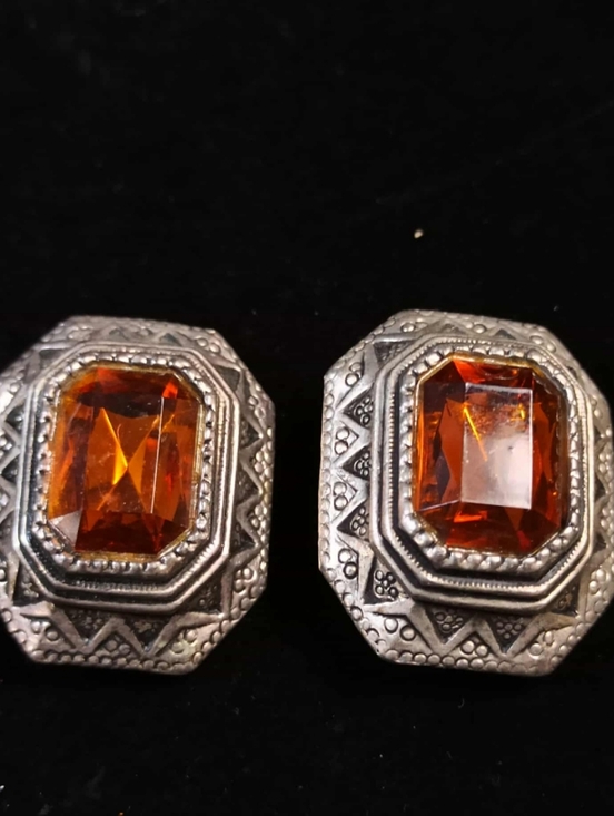 Vintage Jewelry - Vintage 80’s Amber Faceted Glass Statement Earrings Silver Tone Heavy Art Deco